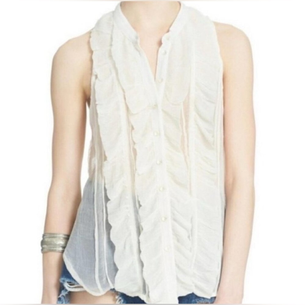 Free People Ivory Chiffon Ruffle Sleeveless Top Boho Cottagecore Romantic Size S